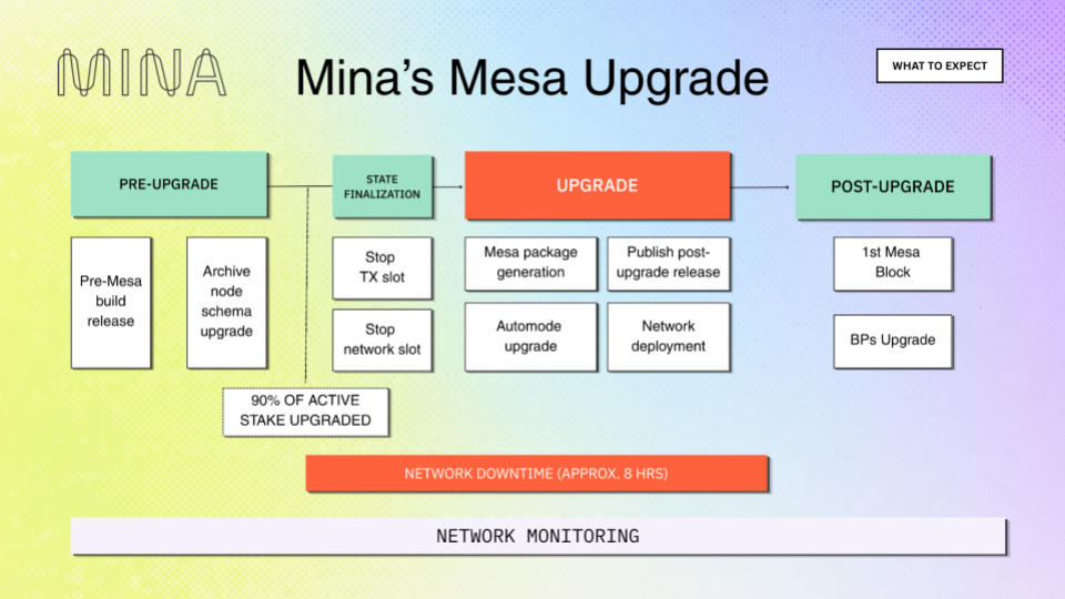 Mina's Mesa Upgrade — four-phase timeline from Pre-Upgrade through Post-Upgrade, with state finalization and network shutdown markers